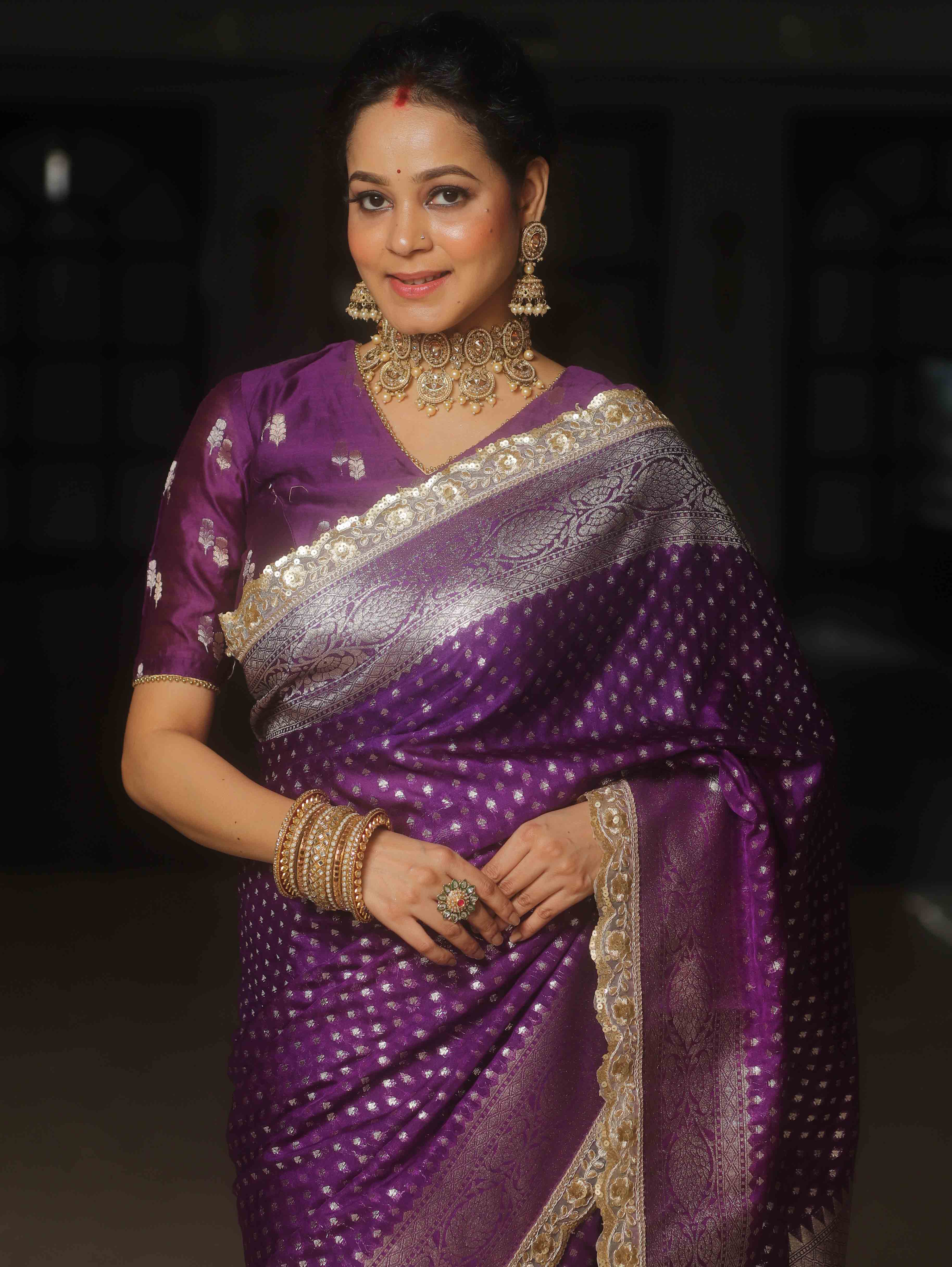 Banarasee Semi-Katan Silver Zari Border Saree With Lace-Violet