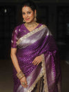 Banarasee Semi-Katan Silver Zari Border Saree With Lace-Violet