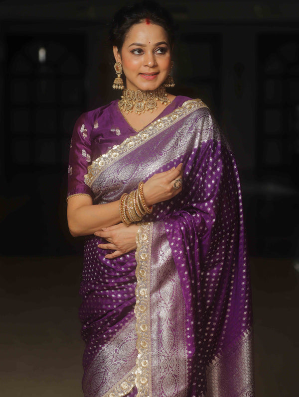 Banarasee Semi-Katan Silver Zari Border Saree With Lace-Violet