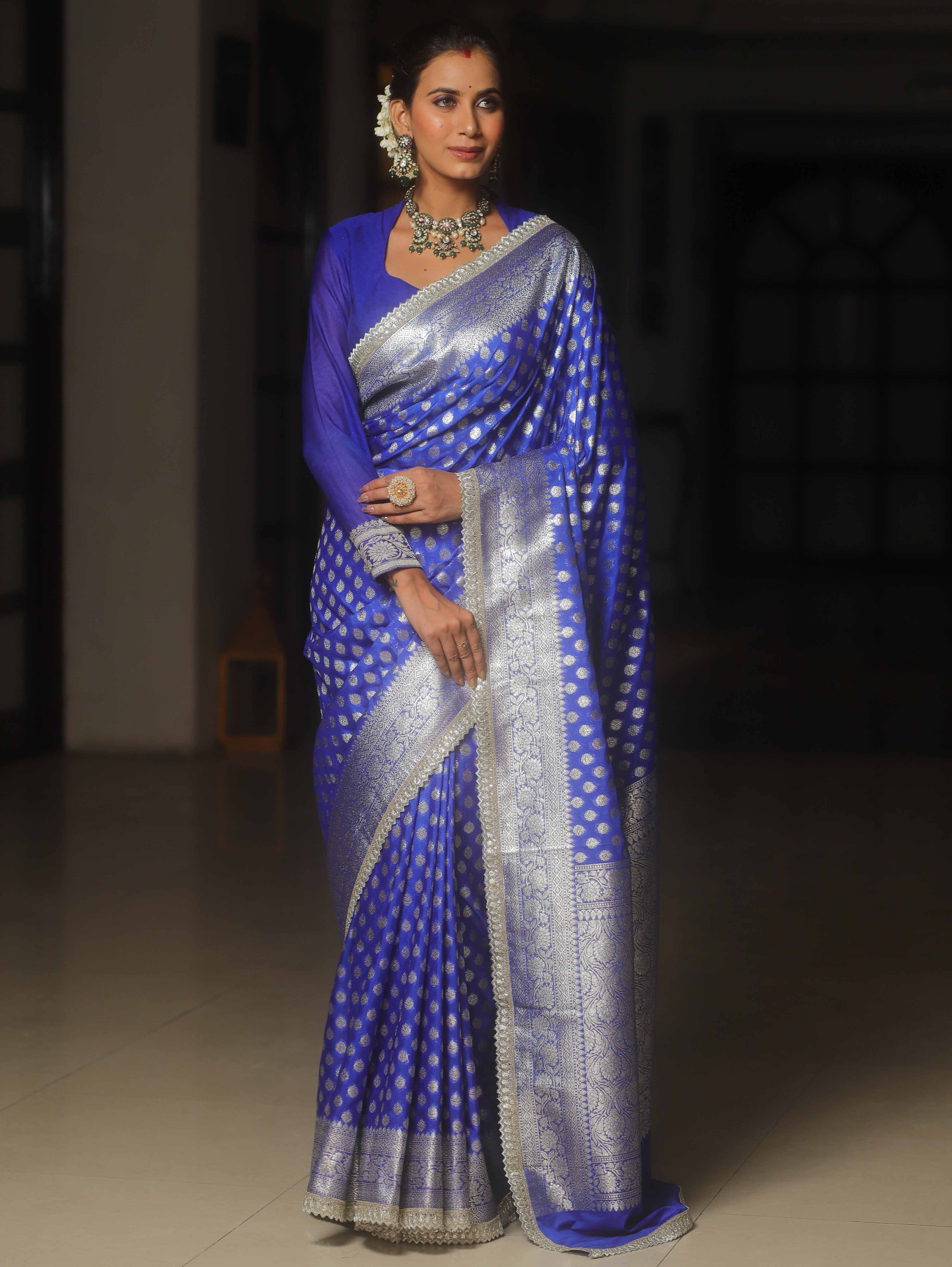 Banarasee Semi-Katan Silver Zari Border Saree With Lace-Royal Blue