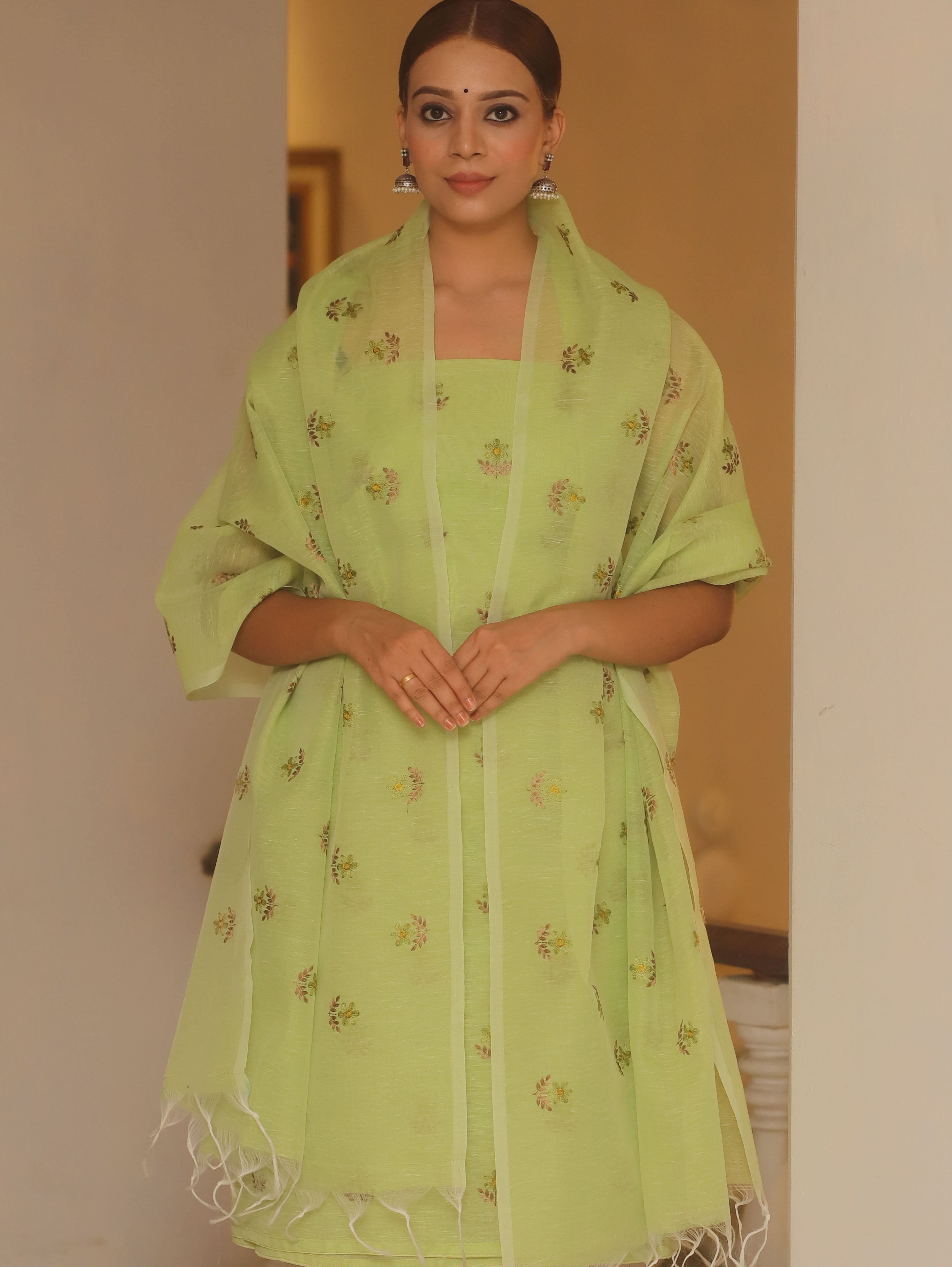 Banarasee Embroidered Linen Cotton Salwar Kameez Fabric With Dupatta-Light Green