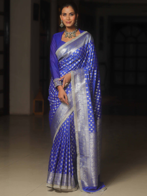 Banarasee Semi-Katan Silver Zari Border Saree With Lace-Royal Blue