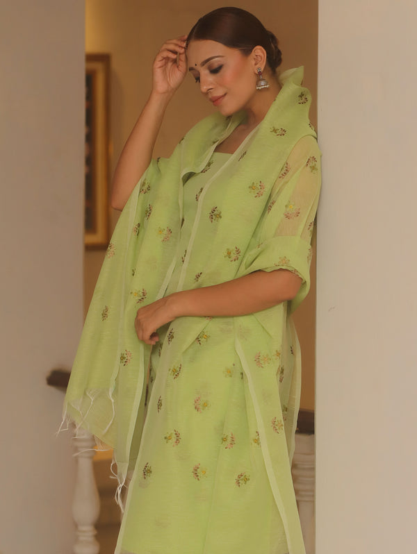 Banarasee Embroidered Linen Cotton Salwar Kameez Fabric With Dupatta-Light Green