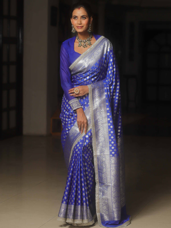 Banarasee Semi-Katan Silver Zari Border Saree With Lace-Royal Blue