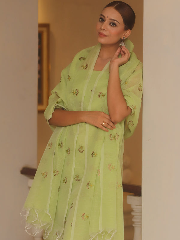 Banarasee Embroidered Linen Cotton Salwar Kameez Fabric With Dupatta-Light Green