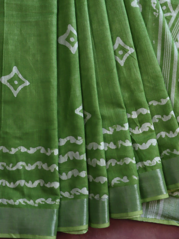 Bhagalpur Handloom Pure Linen Cotton Batik Pattern Saree-Green