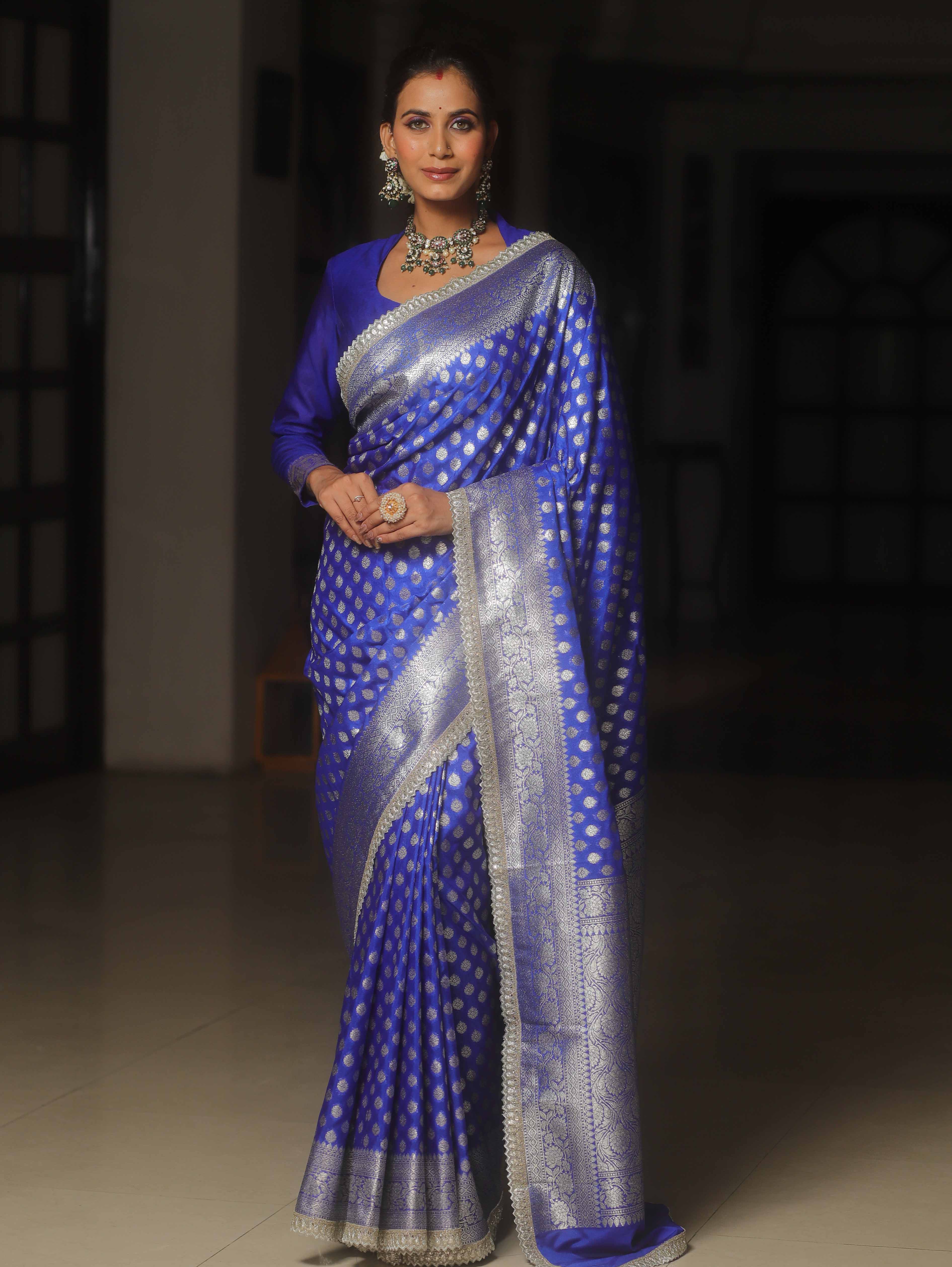 Banarasee Semi-Katan Silver Zari Border Saree With Lace-Royal Blue