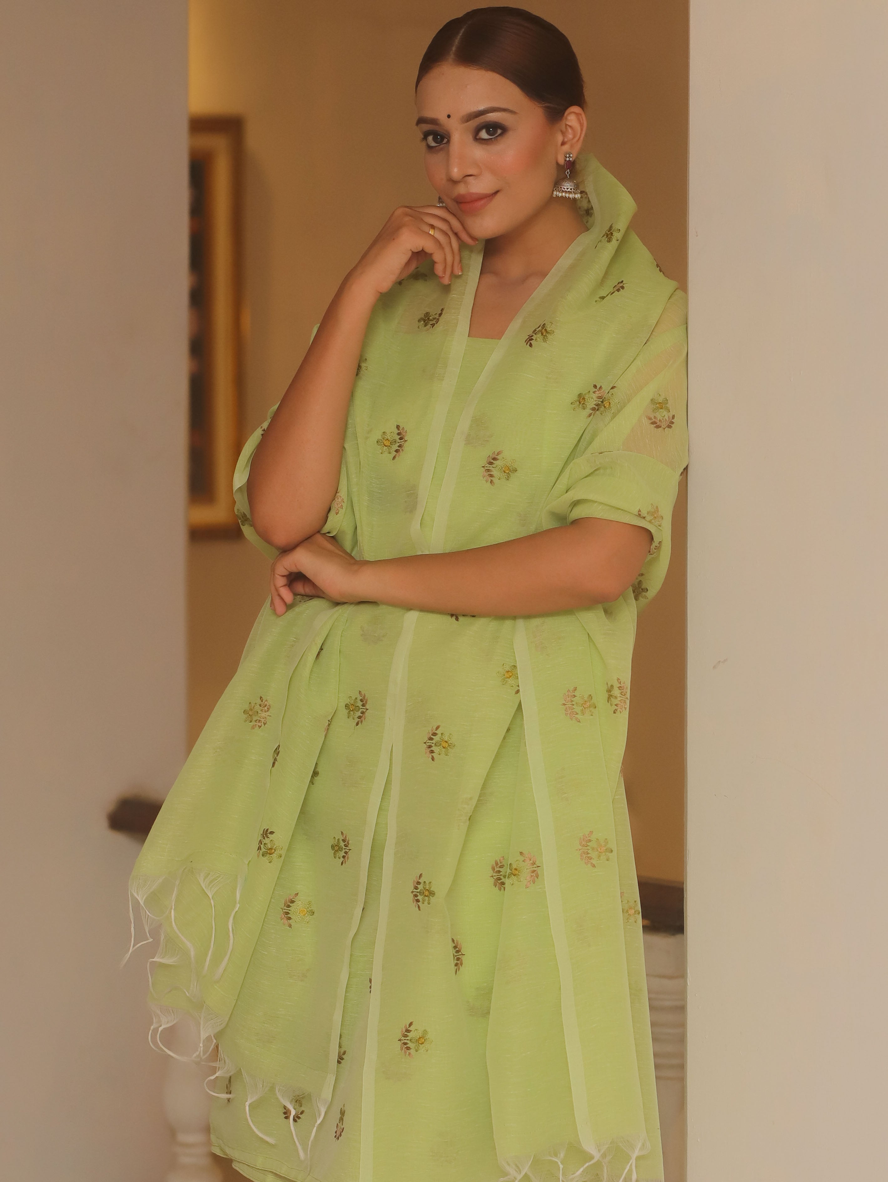 Banarasee Embroidered Linen Cotton Salwar Kameez Fabric With Dupatta-Light Green