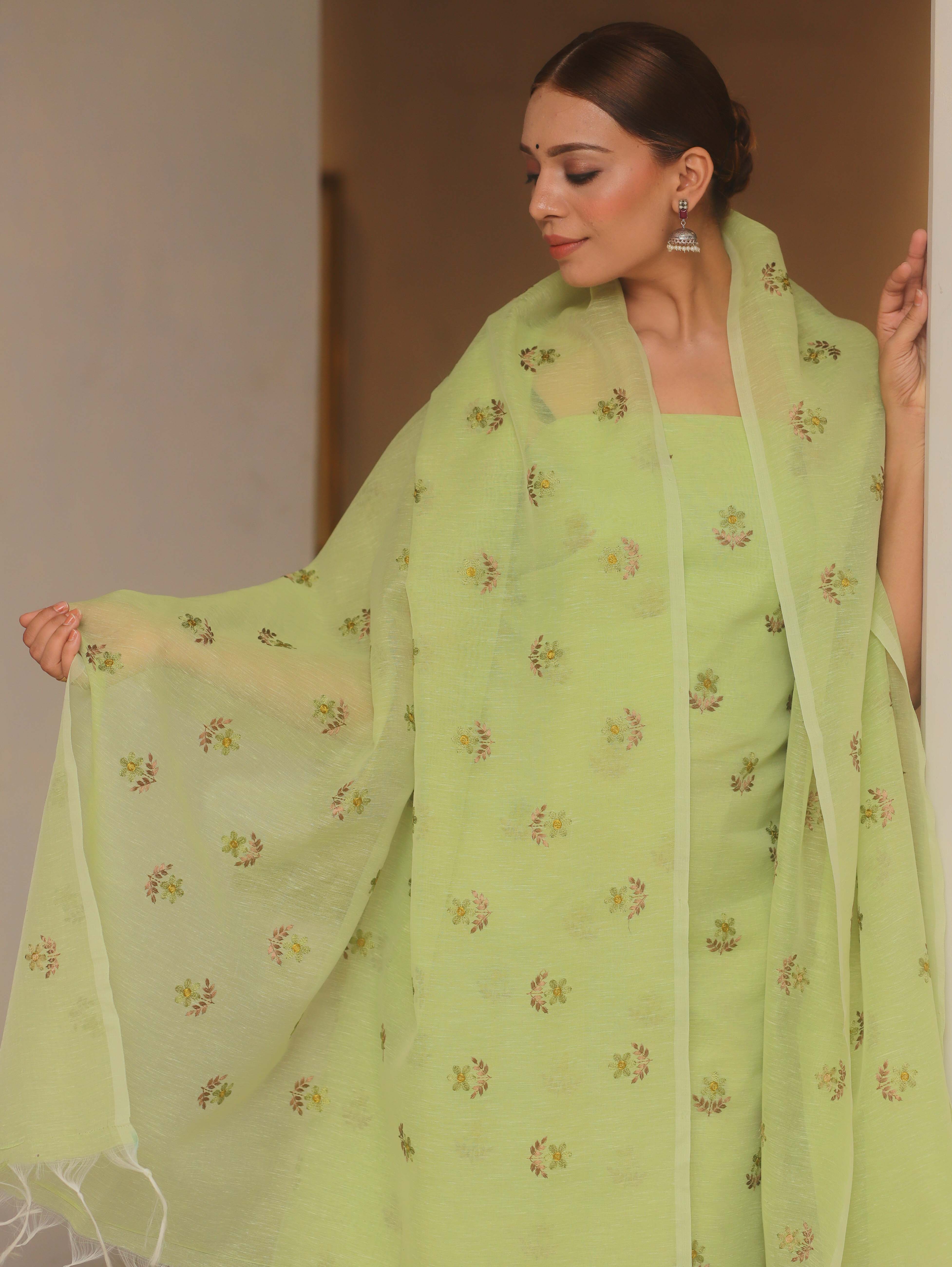 Banarasee Embroidered Linen Cotton Salwar Kameez Fabric With Dupatta-Light Green