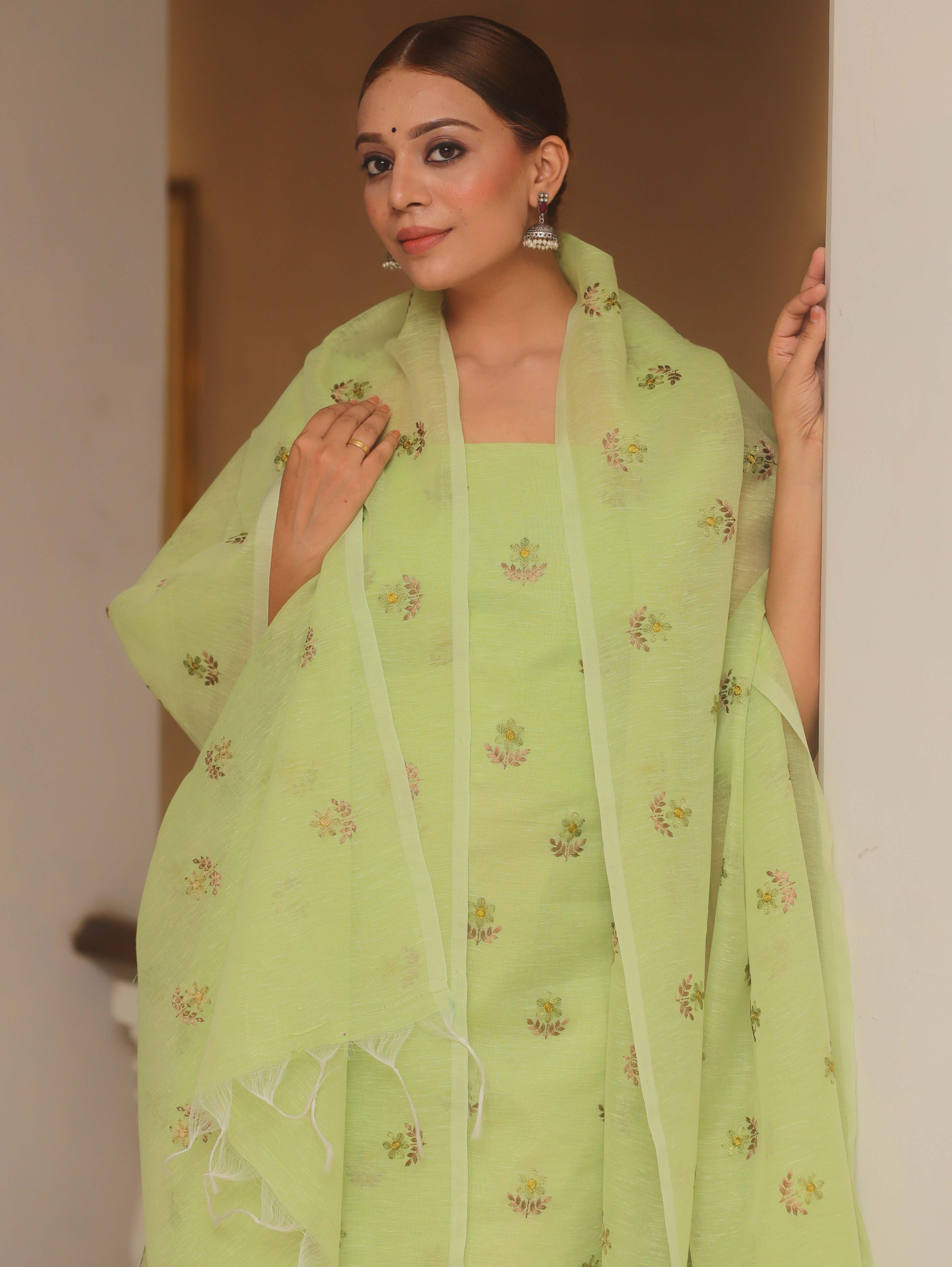 Banarasee Embroidered Linen Cotton Salwar Kameez Fabric With Dupatta-Light Green