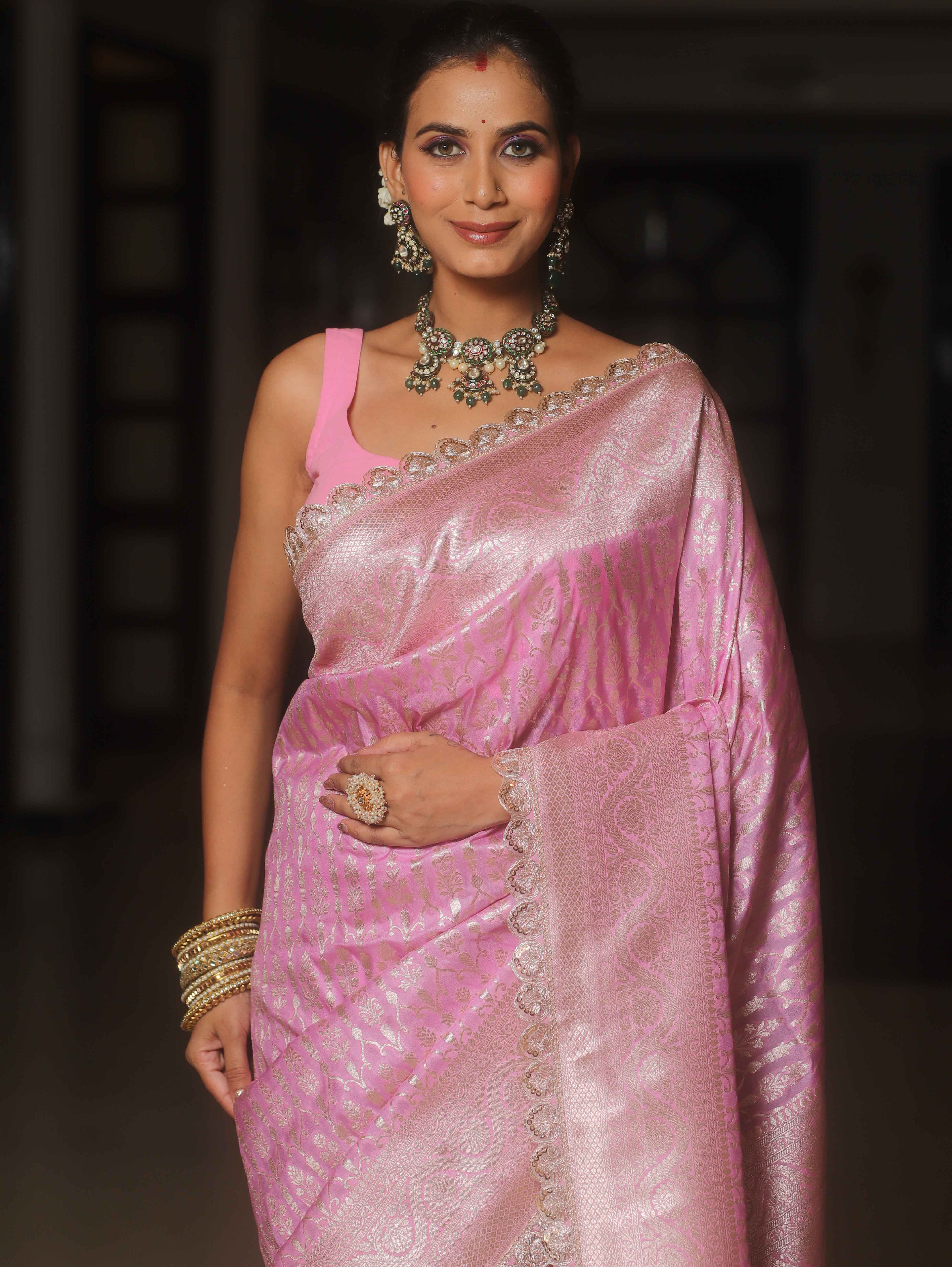 Banarasee Semi-Katan Silver Zari Border Saree With Lace-Baby Pink