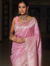 Banarasee Semi-Katan Silver Zari Border Saree With Lace-Baby Pink