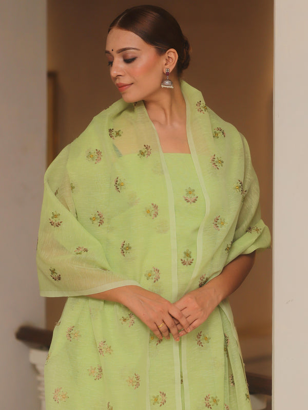 Banarasee Embroidered Linen Cotton Salwar Kameez Fabric With Dupatta-Light Green