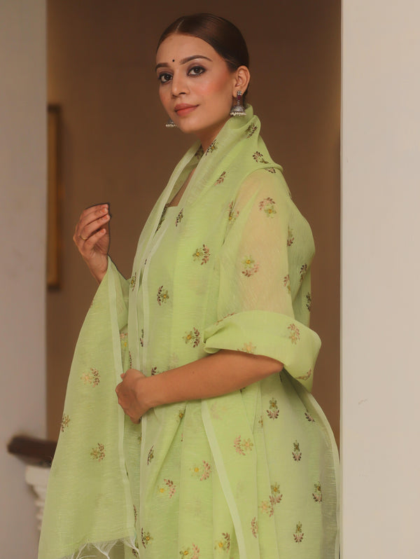 Banarasee Embroidered Linen Cotton Salwar Kameez Fabric With Dupatta-Light Green