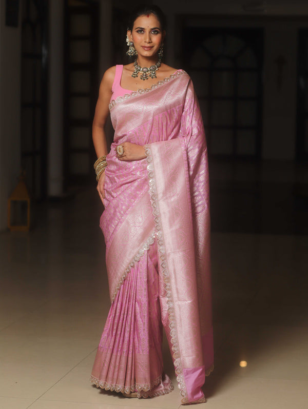 Banarasee Semi-Katan Silver Zari Border Saree With Lace-Baby Pink