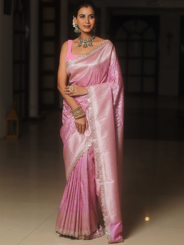 Banarasee Semi-Katan Silver Zari Border Saree With Lace-Baby Pink