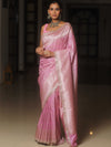 Banarasee Semi-Katan Silver Zari Border Saree With Lace-Baby Pink