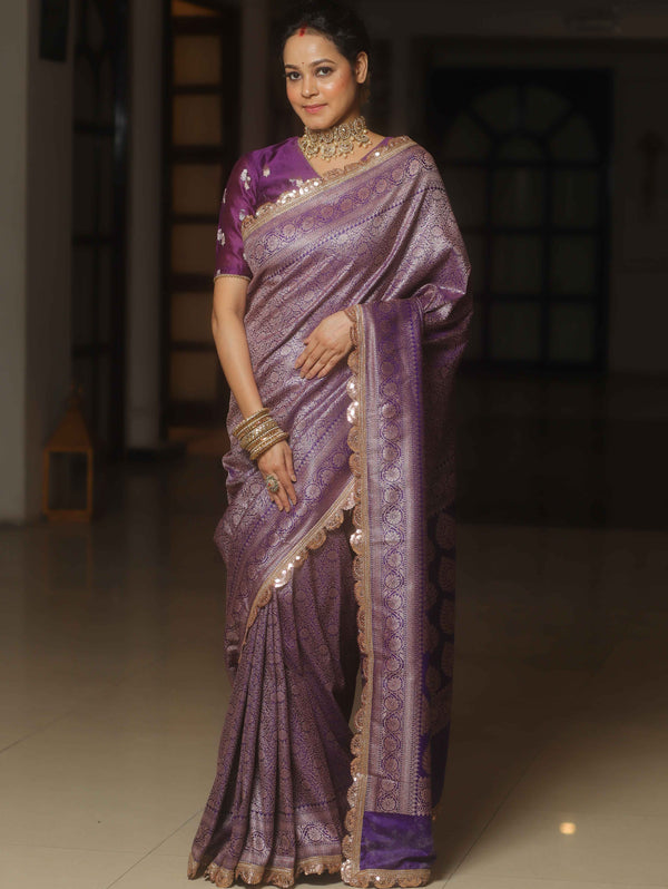 Banarasee Semi-Katan Heavy Zari Jaal Saree With Lace-Violet