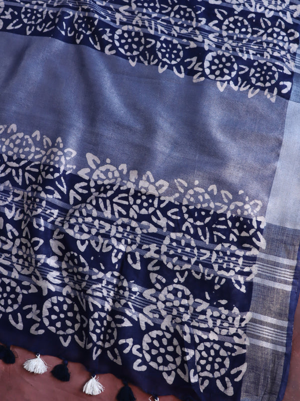 Bhagalpur Handloom Pure Linen Cotton Batik Pattern Saree-Blue