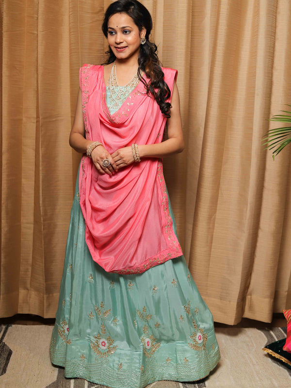 Banarasee Semi-Stitched Hand-work Lehenga Blouse & Dupatta-Pastel Blue