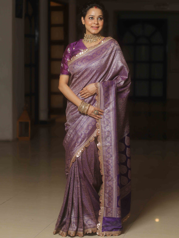 Banarasee Semi-Katan Heavy Zari Jaal Saree With Lace-Violet