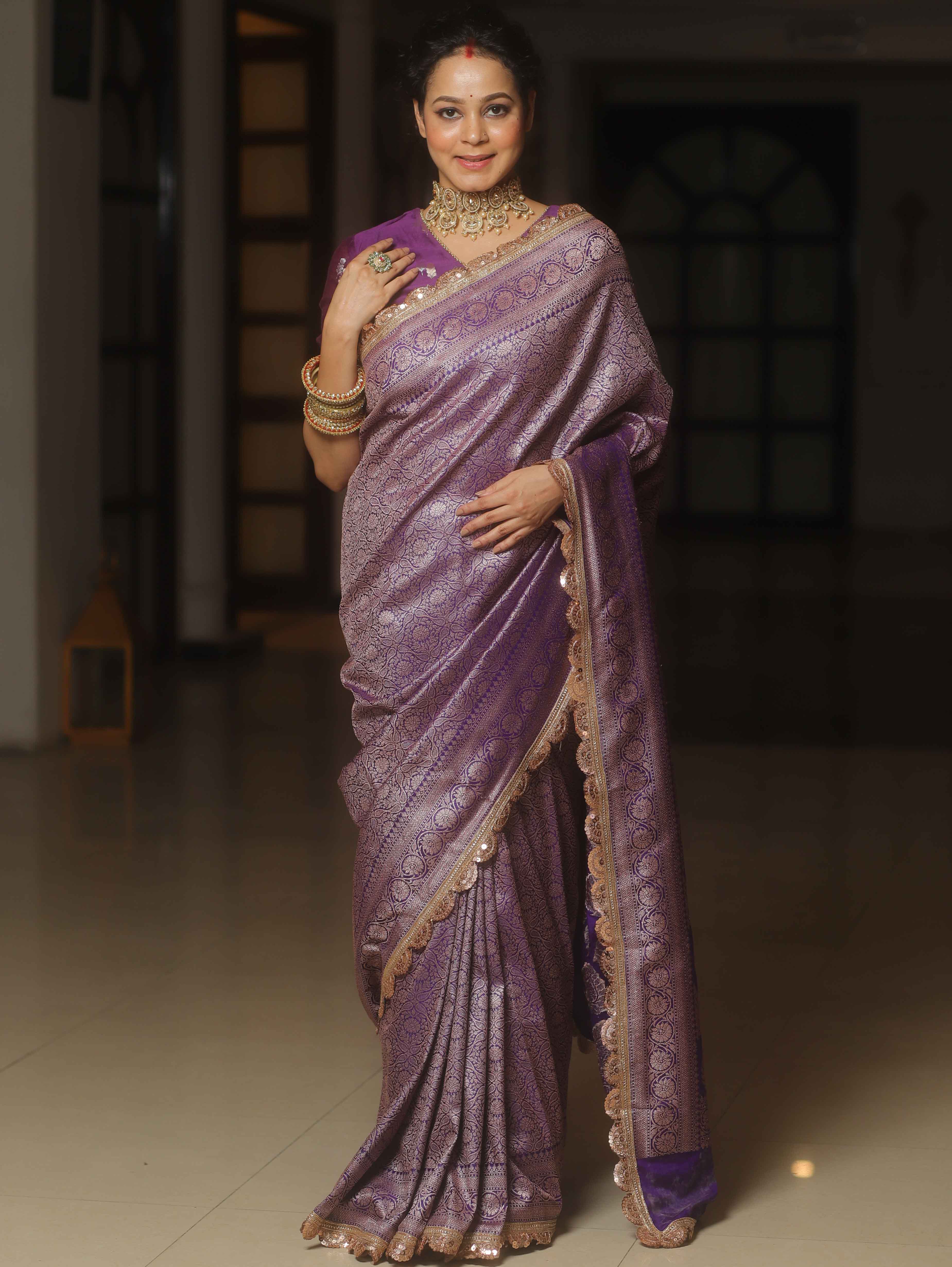 Banarasee Semi-Katan Heavy Zari Jaal Saree With Lace-Violet