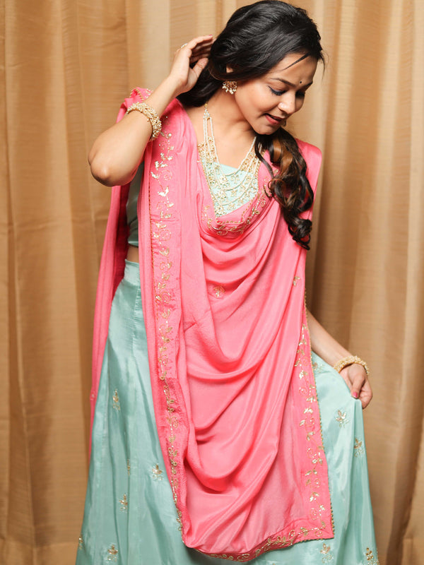 Banarasee Semi-Stitched Hand-work Lehenga Blouse & Dupatta-Pastel Blue