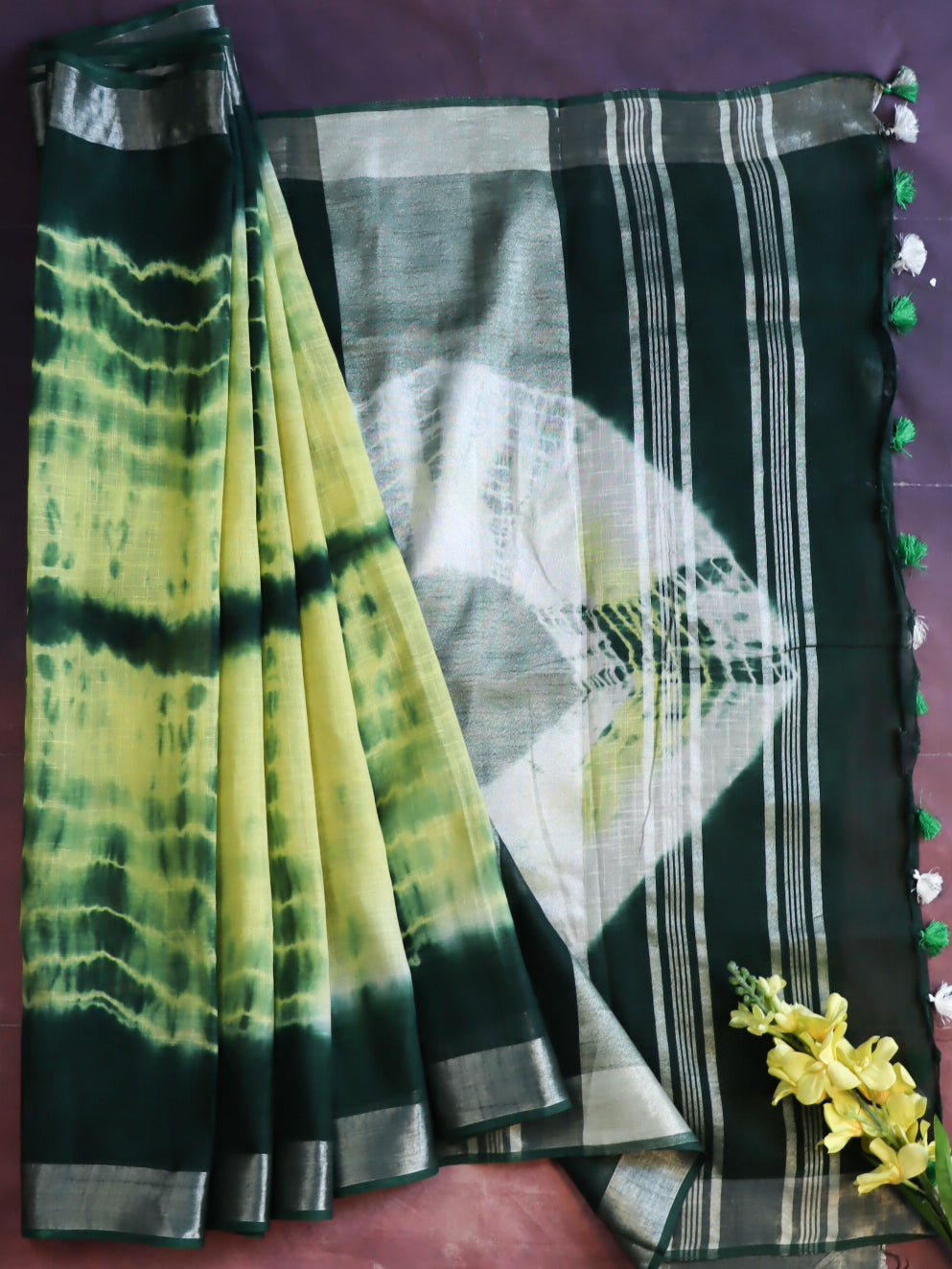 Bhagalpur Handloom Shibori Dyed Linen Saree-Yellow & Green