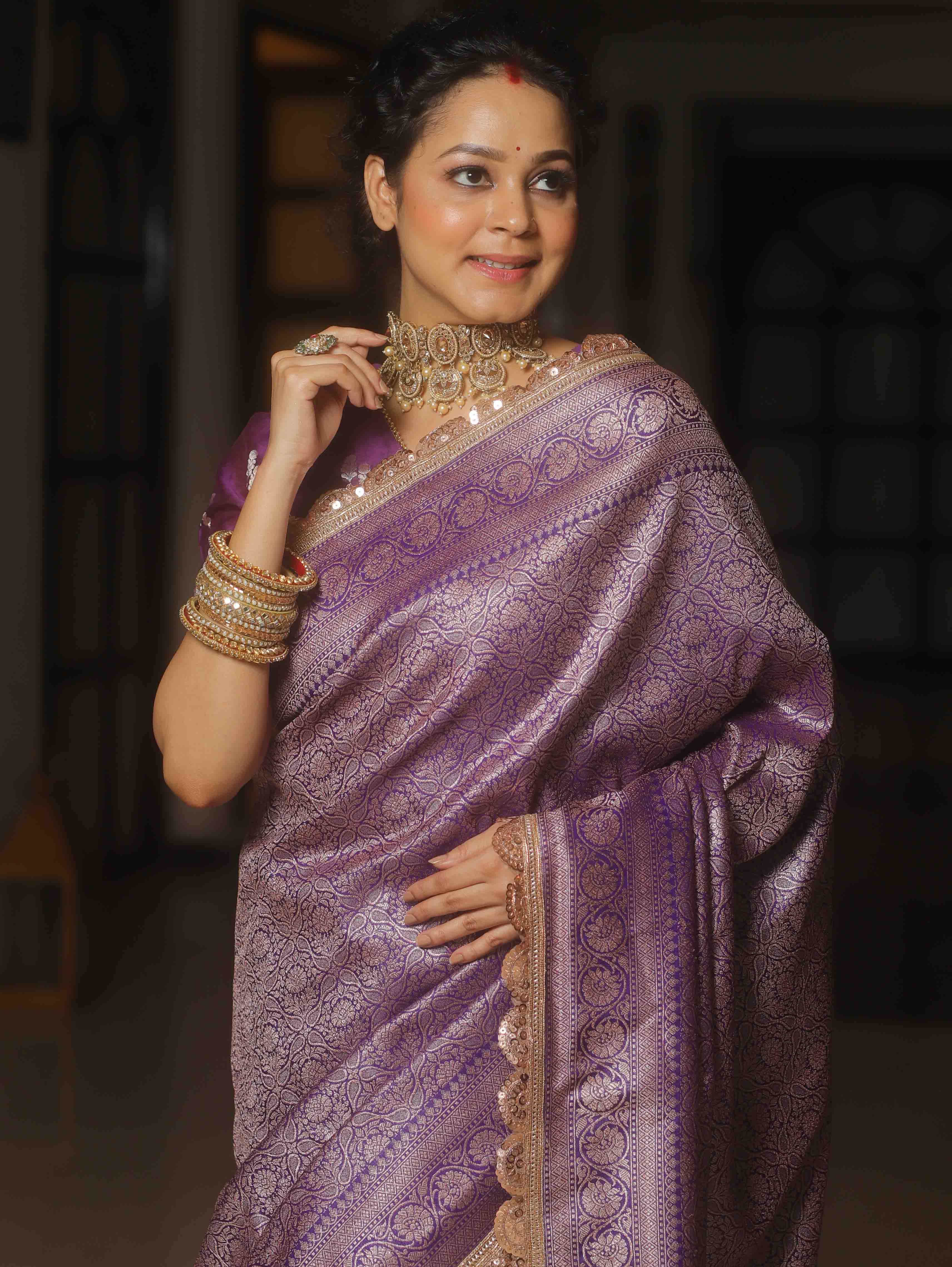 Banarasee Semi-Katan Heavy Zari Jaal Saree With Lace-Violet