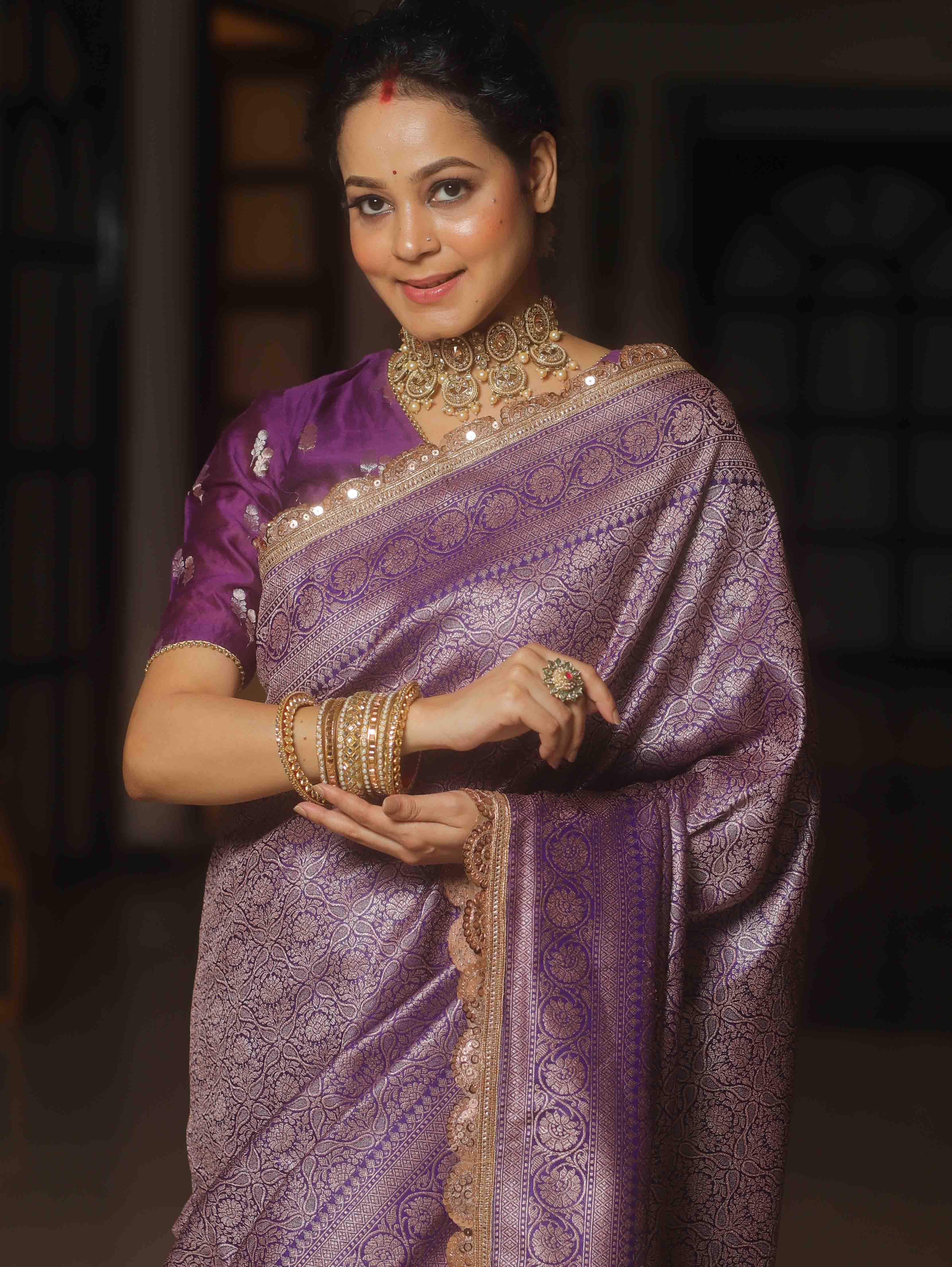 Banarasee Semi-Katan Heavy Zari Jaal Saree With Lace-Violet