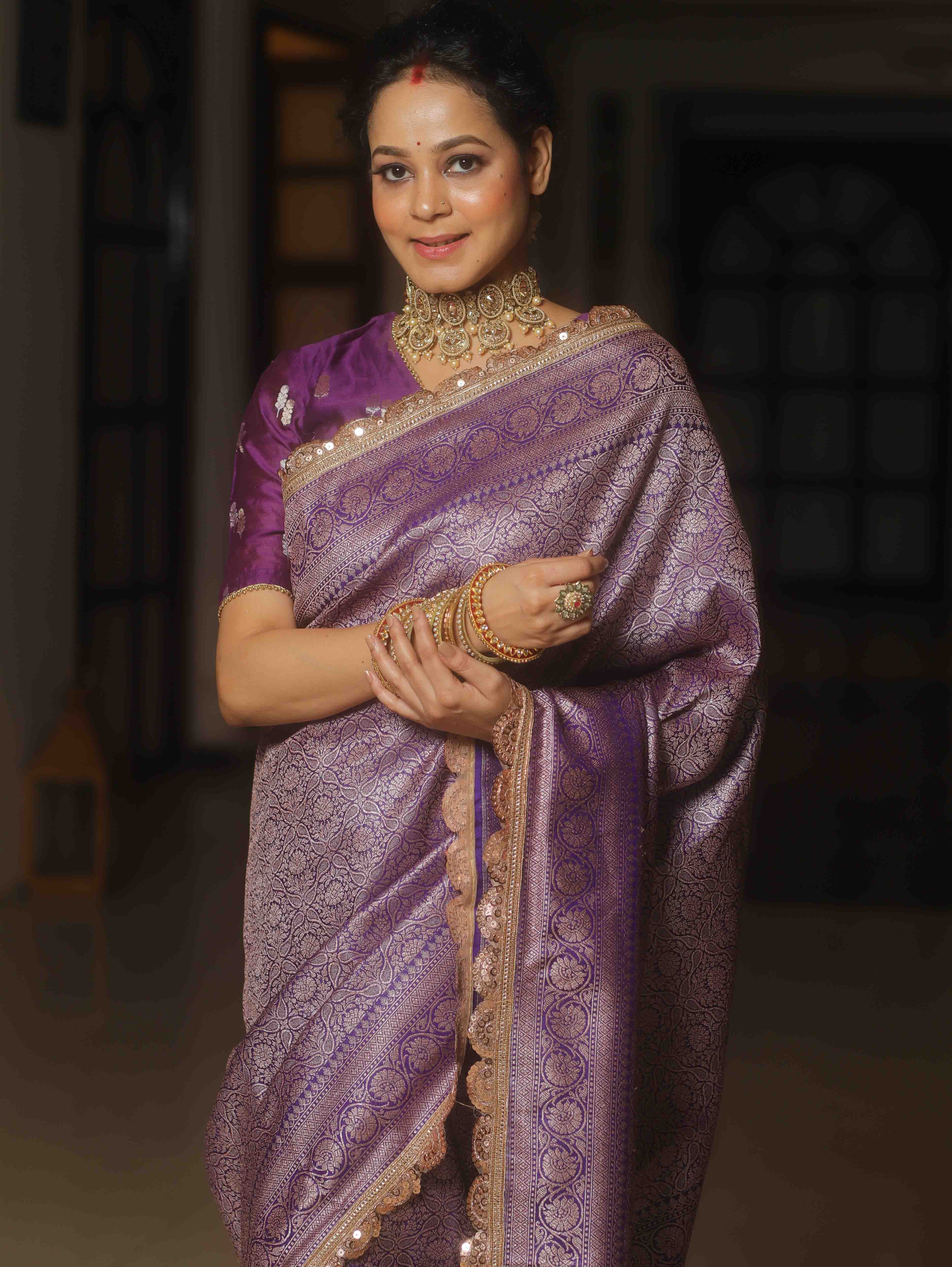 Banarasee Semi-Katan Heavy Zari Jaal Saree With Lace-Violet