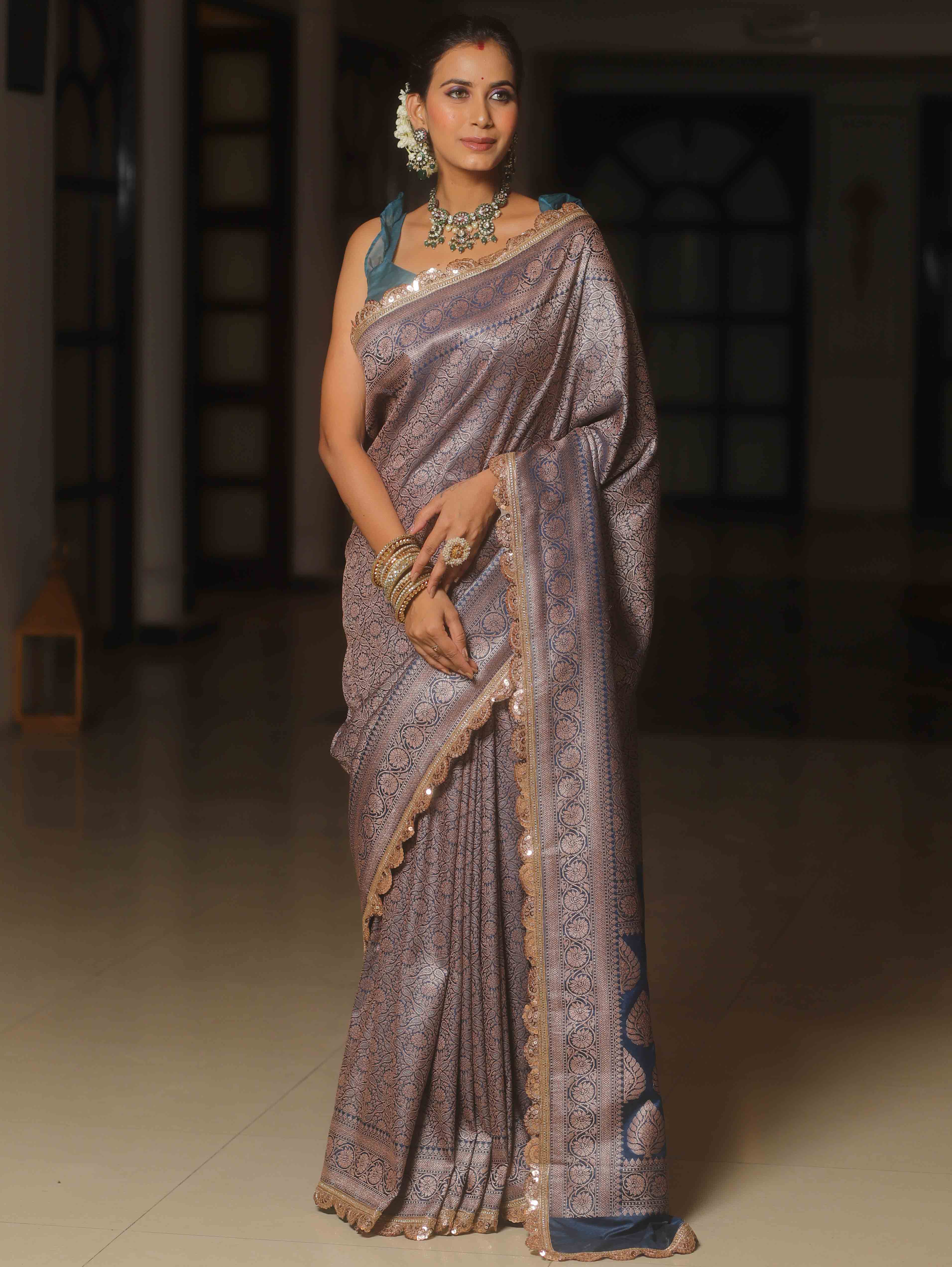 Banarasee Semi-Katan Heavy Zari Jaal Saree With Lace-Cobalt Blue