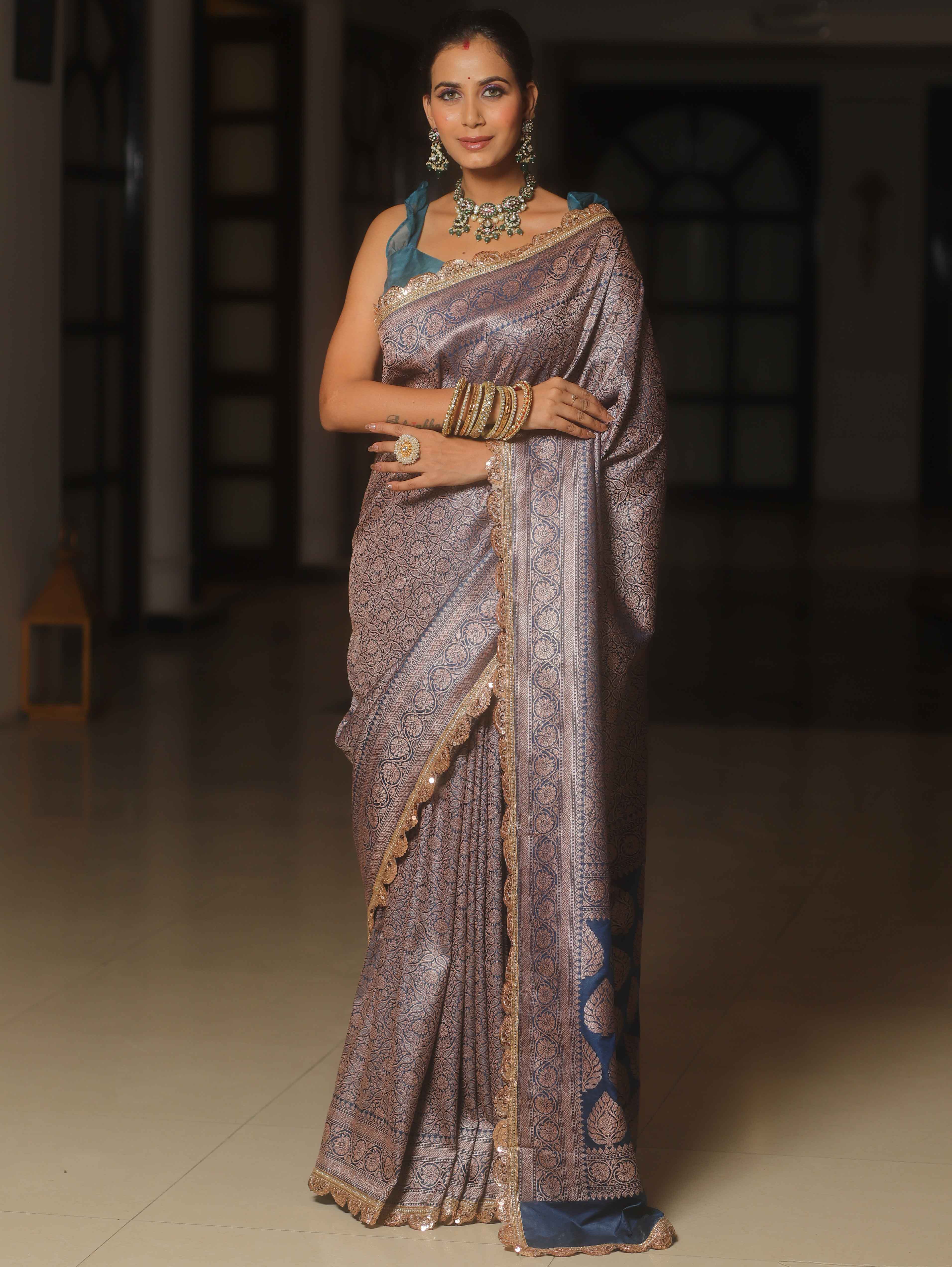 Banarasee Semi-Katan Heavy Zari Jaal Saree With Lace-Cobalt Blue