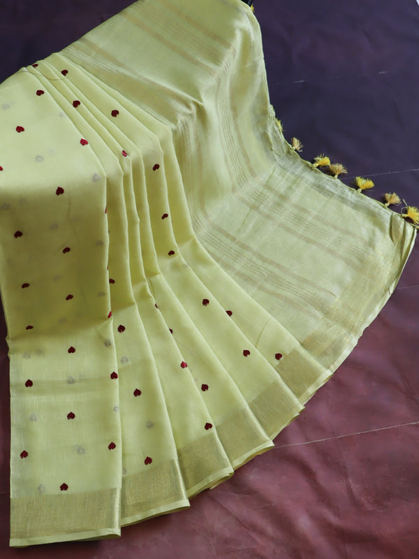 Bhagalpuri Handloom Linen Saree With Embroidery Work-Yellow