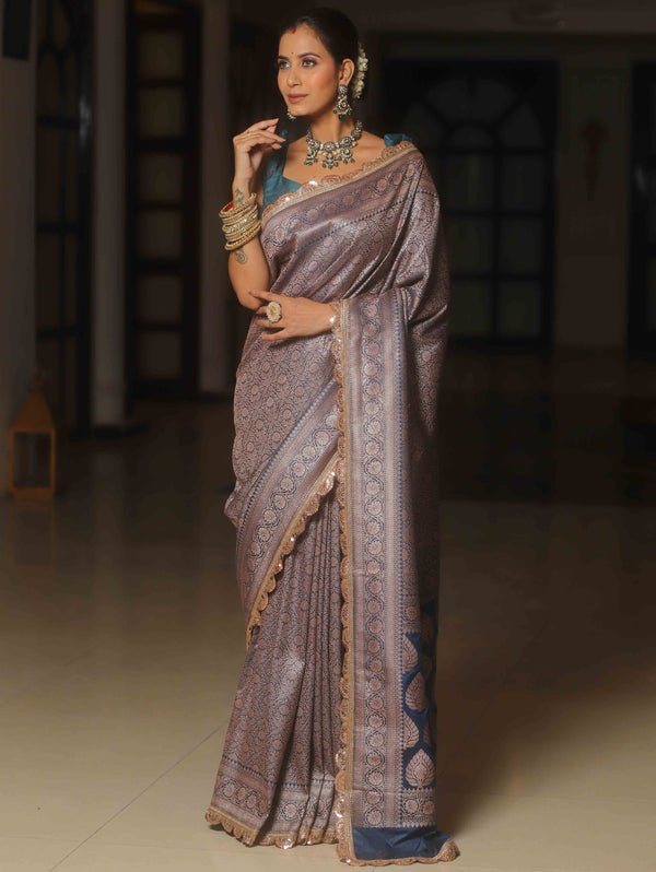 Banarasee Semi-Katan Heavy Zari Jaal Saree With Lace-Cobalt Blue