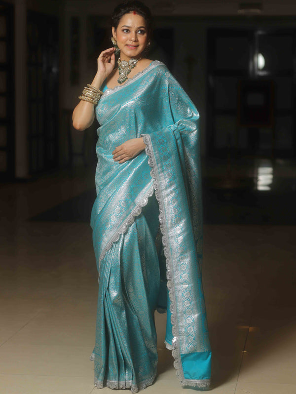 Banarasee Semi-Katan Heavy Silver Zari Jaal Saree With Lace-Blue