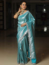 Banarasee Semi-Katan Heavy Silver Zari Jaal Saree With Lace-Blue