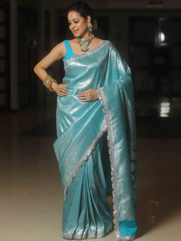 Banarasee Semi-Katan Heavy Silver Zari Jaal Saree With Lace-Blue