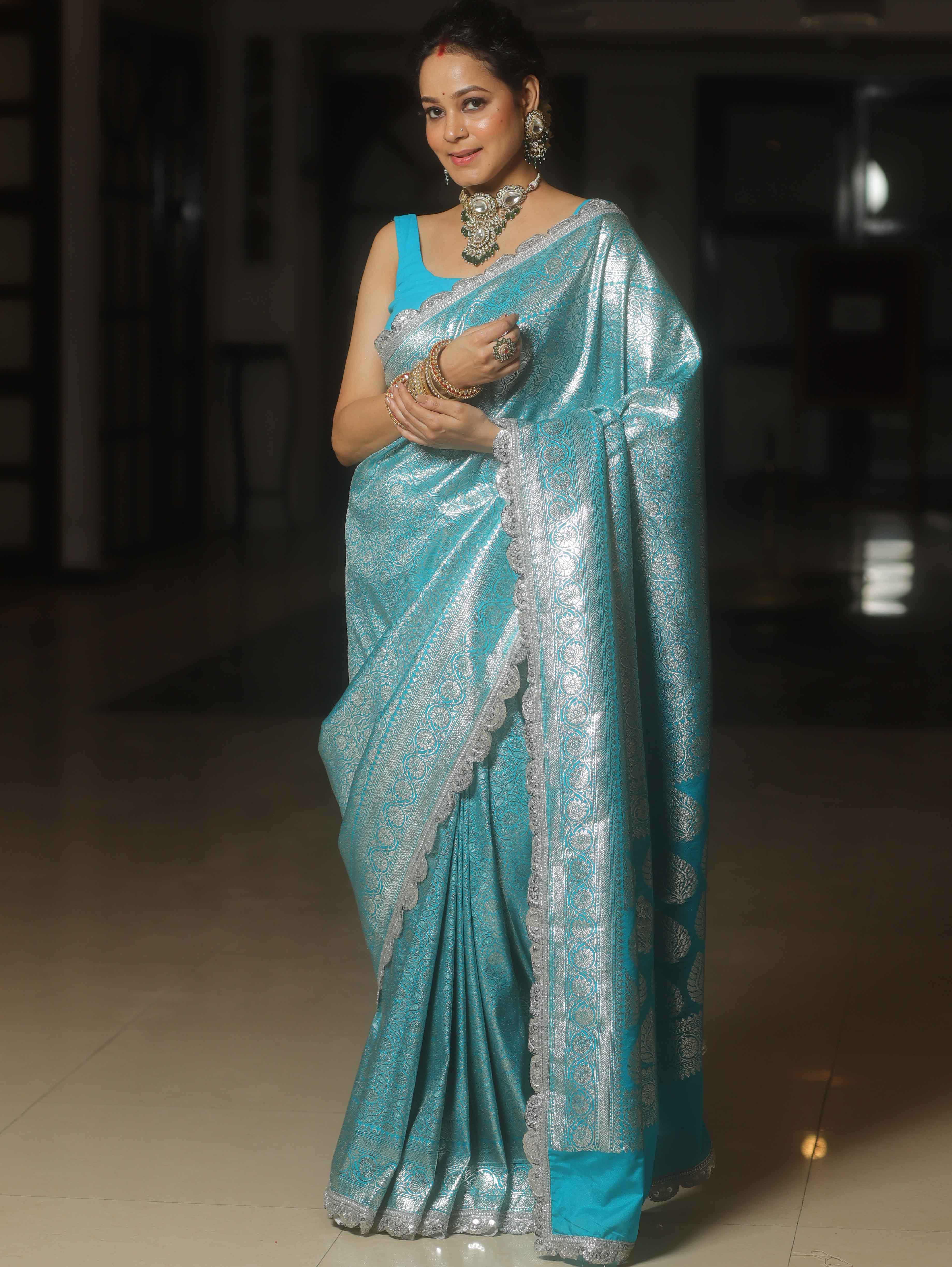 Banarasee Semi-Katan Heavy Silver Zari Jaal Saree With Lace-Blue