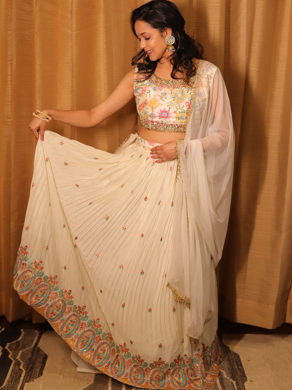 Banarasee Georgette Lehenga & Blouse With Net Dupatta-White