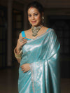 Banarasee Semi-Katan Heavy Silver Zari Jaal Saree With Lace-Blue