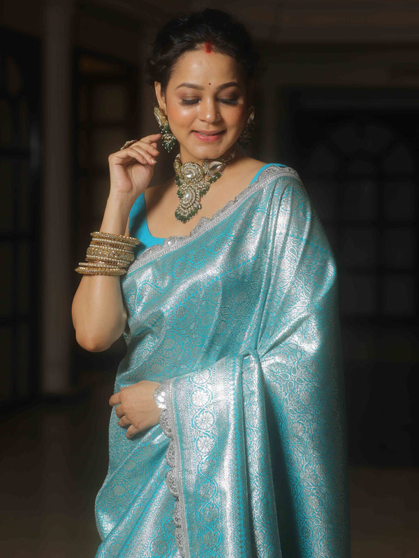 Banarasee Semi-Katan Heavy Silver Zari Jaal Saree With Lace-Blue