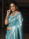 Banarasee Semi-Katan Heavy Silver Zari Jaal Saree With Lace-Blue