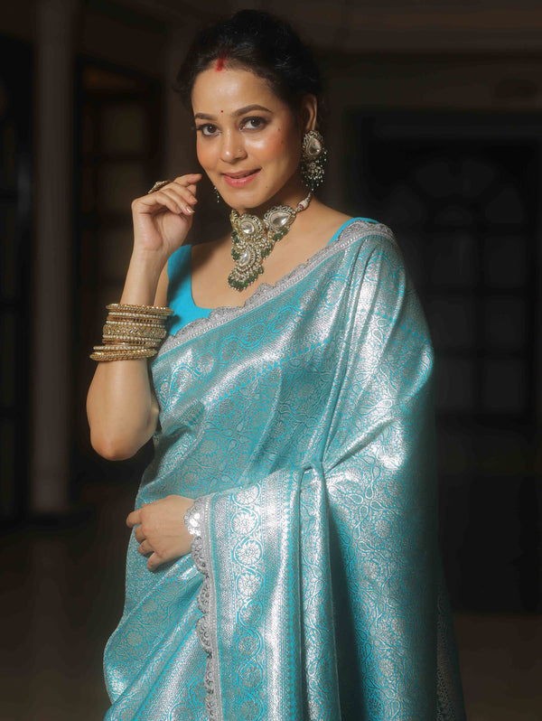 Banarasee Semi-Katan Heavy Silver Zari Jaal Saree With Lace-Blue