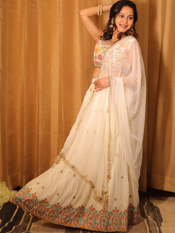 Banarasee Georgette Lehenga & Blouse With Net Dupatta-White