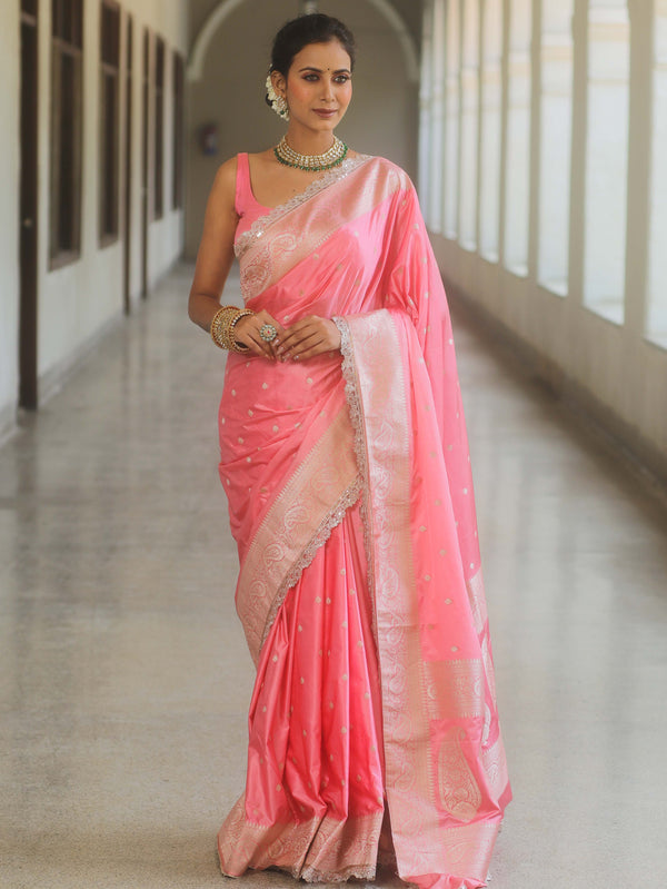 Banarasee Handloom Mashru Silk Saree Zari Border With Lace-Baby Pink