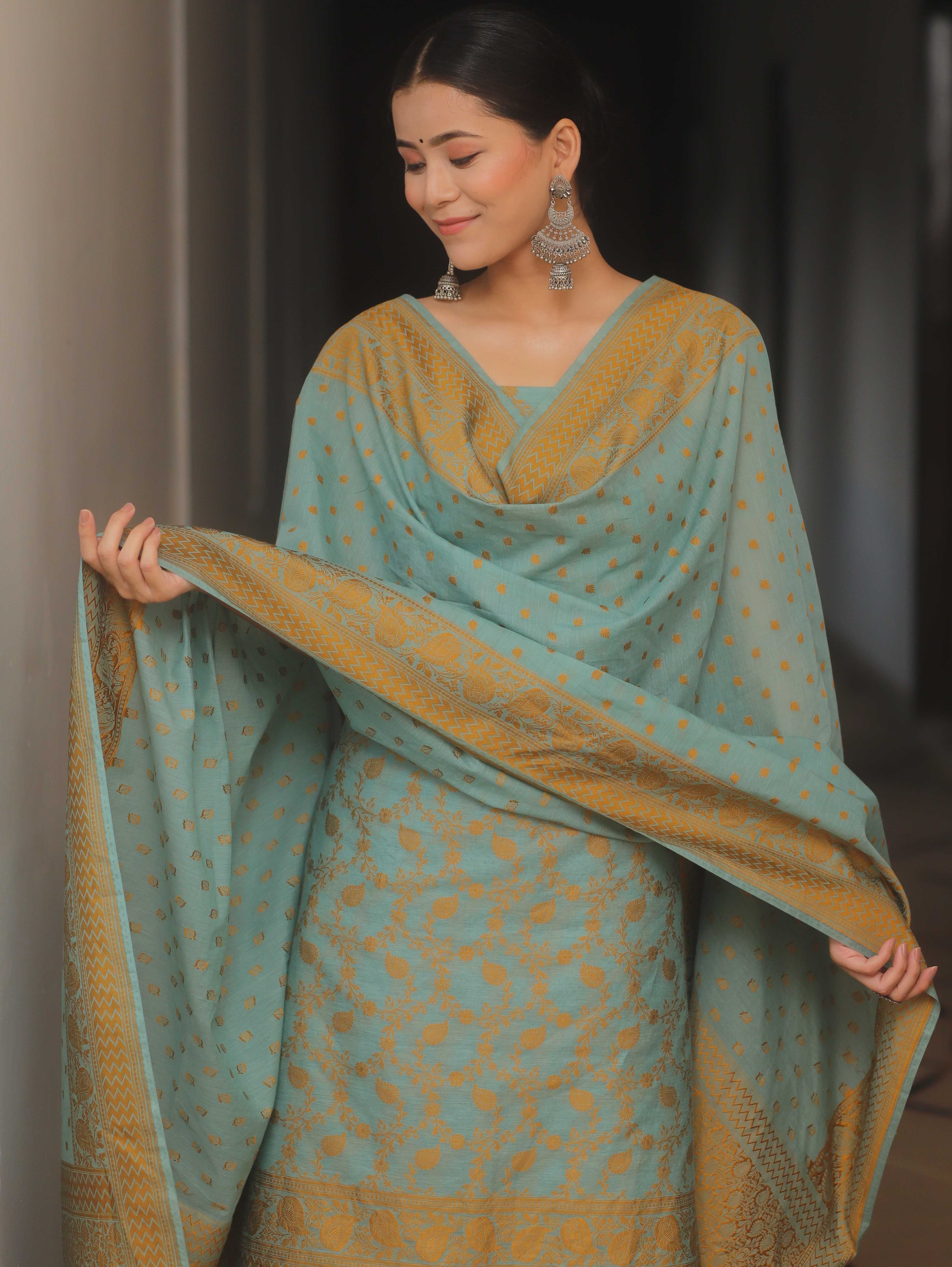 Banarasee Cotton Salwar Kameez Fabric With Dupatta & Resham Zari-Green