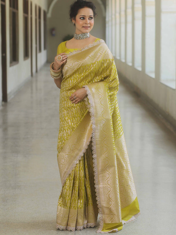 Banarasee Semi-Katan Silver Zari Border Saree With Lace-Lime Green