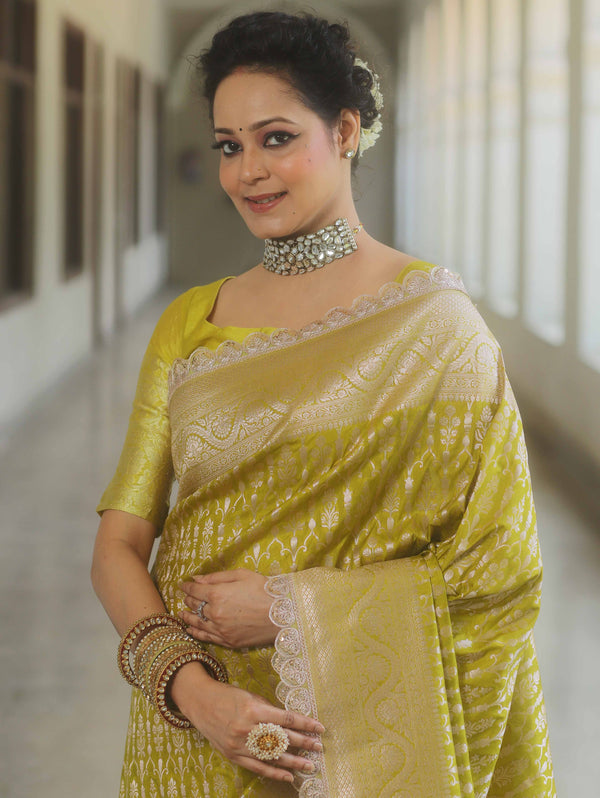 Banarasee Semi-Katan Silver Zari Border Saree With Lace-Lime Green