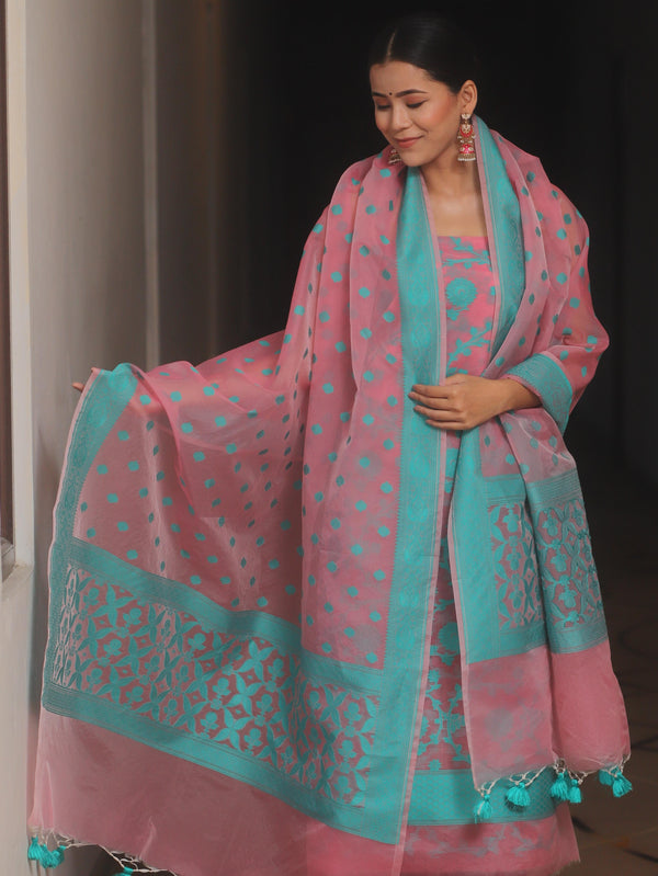 Banarasee Organza Resham Zari Salwar Kameez Fabric With Dupatta-Pink